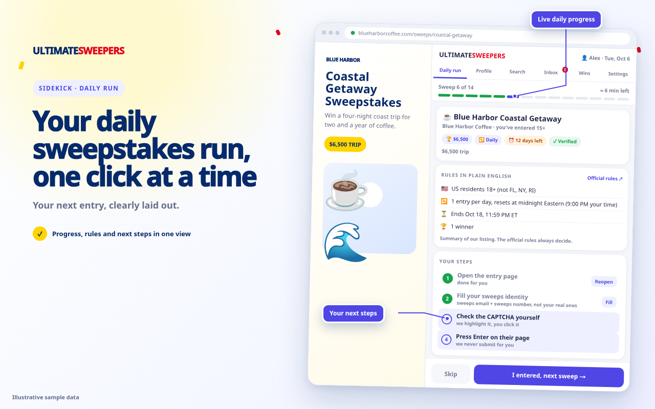 Sidekick daily run beside a sweepstakes entry page